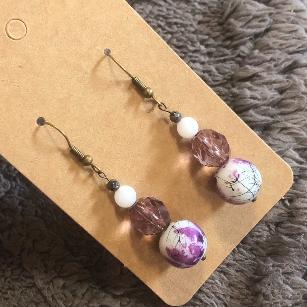 Handcrafted art glass milky quartz hematite elegant dangle earrings
